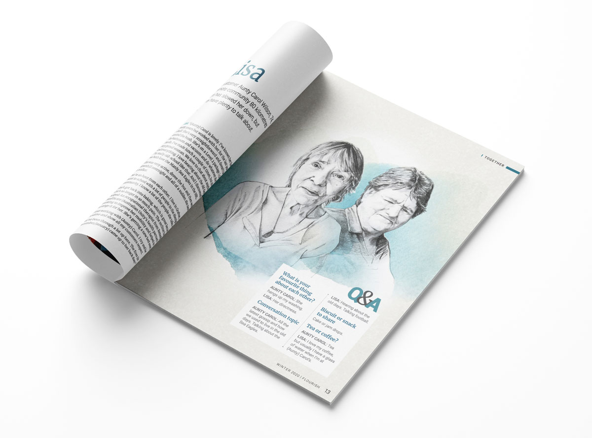 An example of the 2021 design trend of illustrated portraiture as seen in Flourish magazine. There's an illustration of two women.
