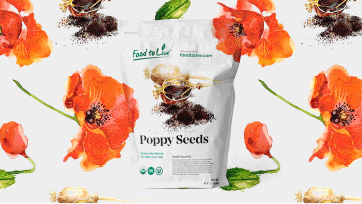 The 2021 design trend of natural elements as show on food packaging for poppy seeds. It features illustrated plants and seeds.