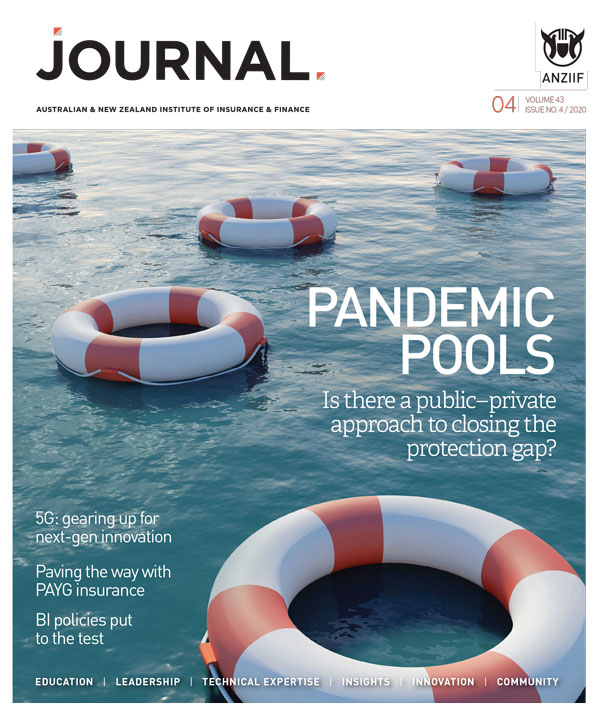 The cover of ANZIIF magazine, Journal. The main picture is of water with life buoy rings and the headline "Pandemic Pools".