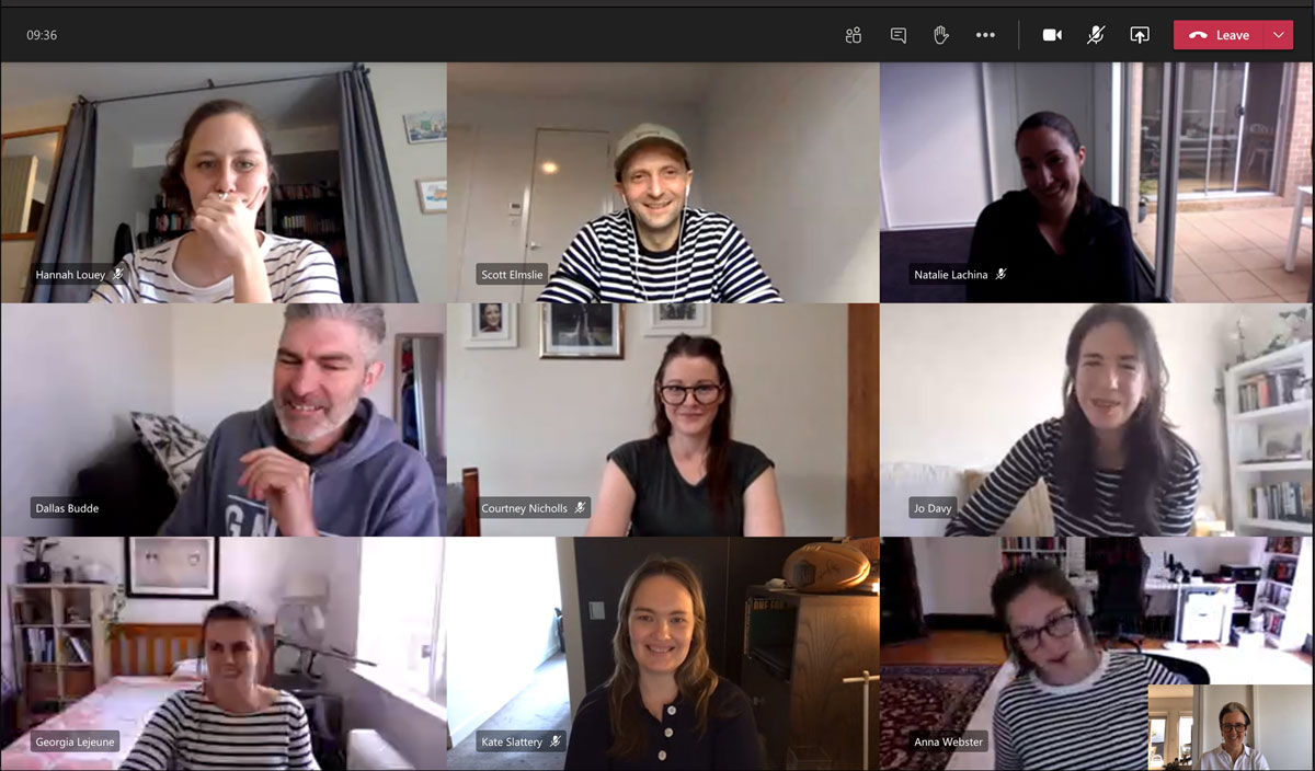 A screenshot from a video meeting. Ten people are working from home and chatting about work online.