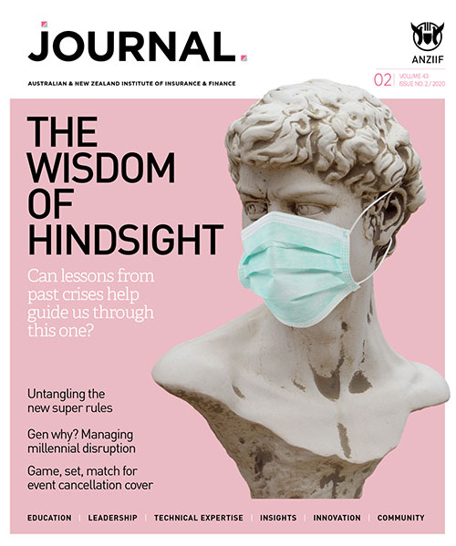The magazine cover of ANZIIF's Journal. It shows an old statue with a surgical mask covering its face.