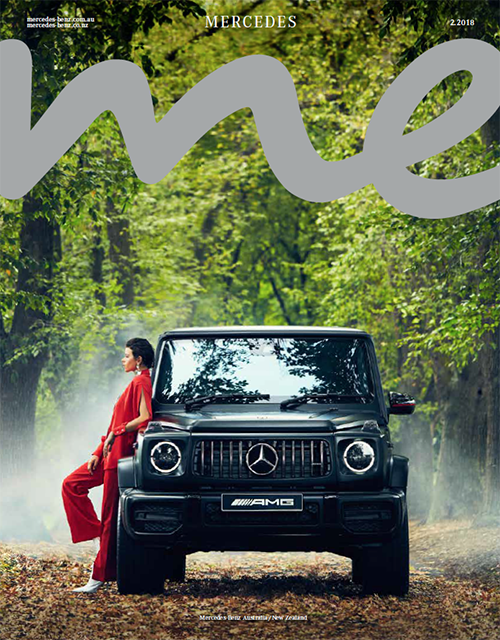 The cover of Mercedes me magazine with a woman leaning against a Mercedes