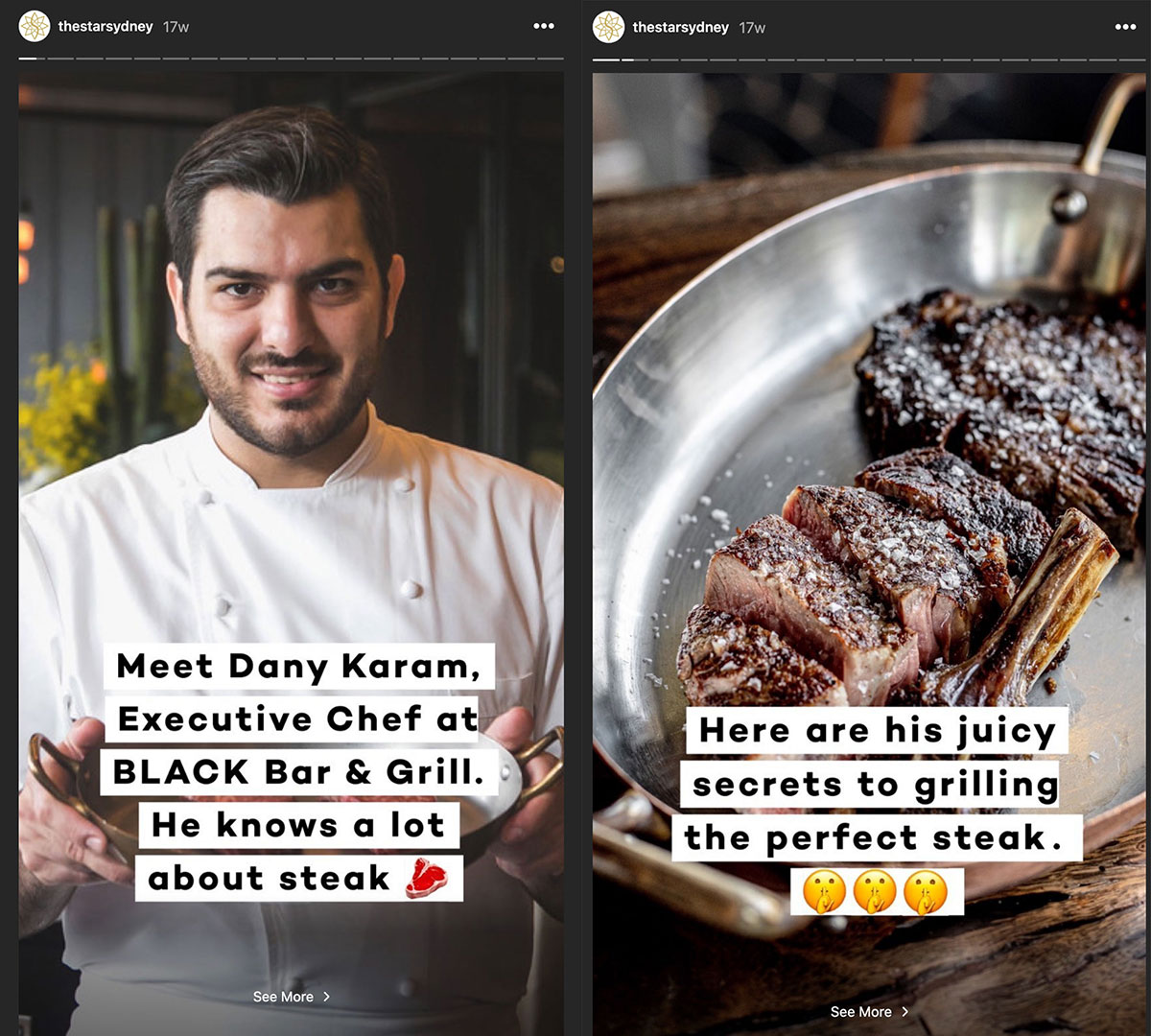 Two images from Instagram stories. In one the chef Dany Karam is holding up a plate of steak. In the other a steak is being cooked in a pan.