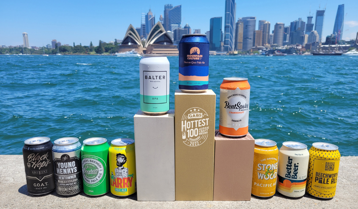 Ten beers lined up in front of the Sydney Opera House
