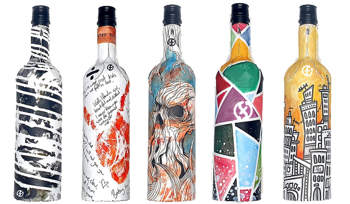 Frugalpac paper wine bottles in colourful designs