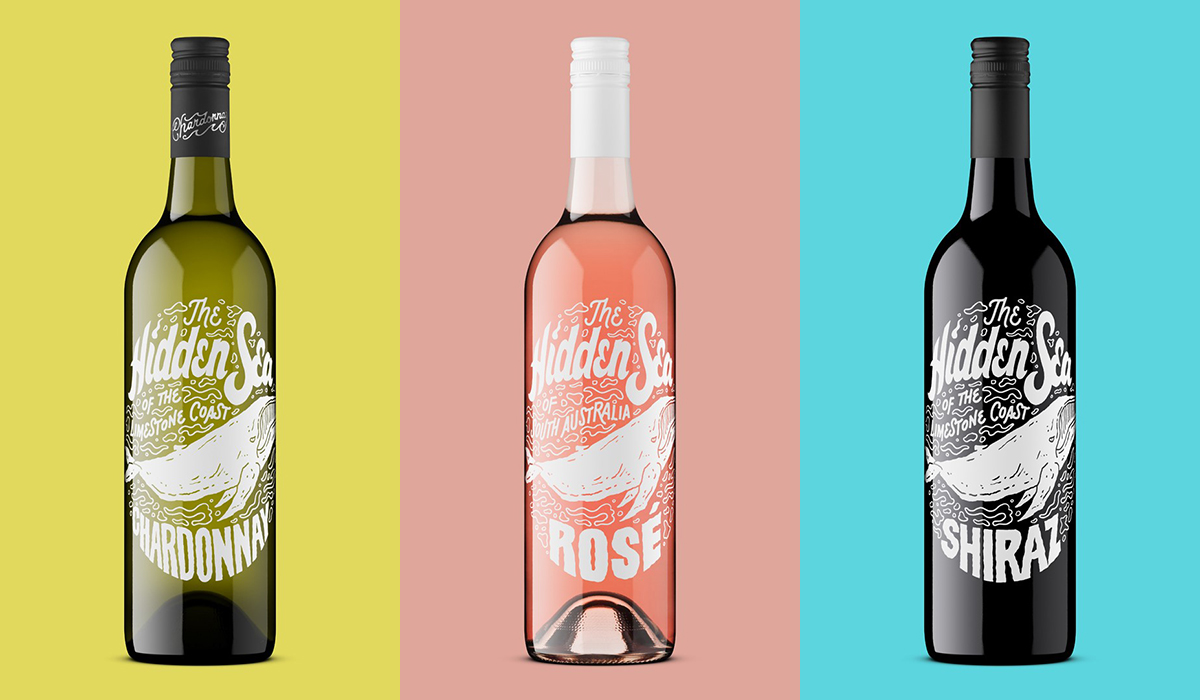 Hidden Sea Wine bottles on different coloured backgrounds