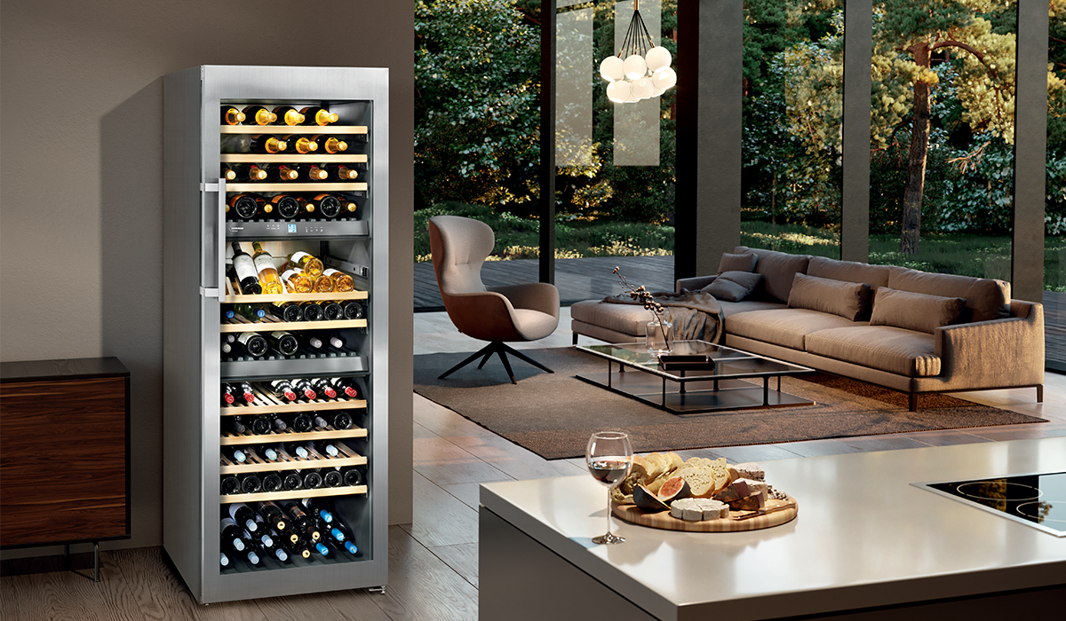 Liebherr wine fridge in styled in an open plan kitchen and living room.