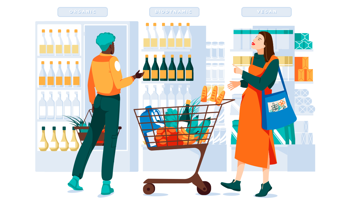 A graphic of two people shopping sustainable wine
