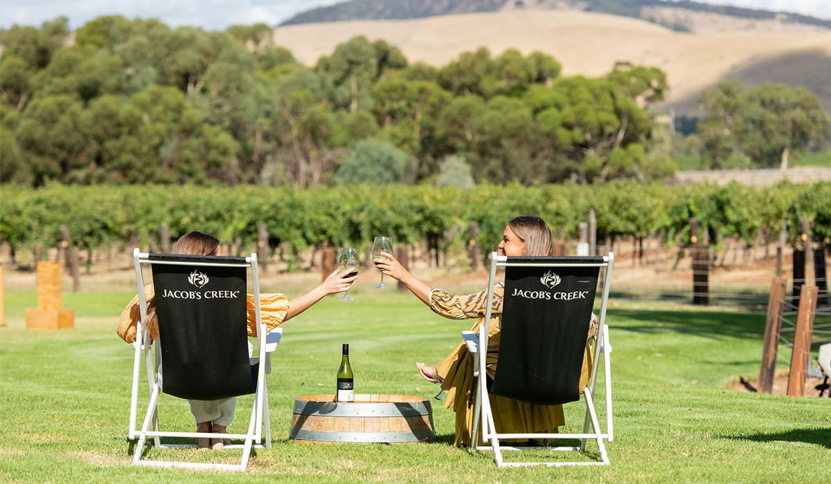Two women cheers wine on lawn chairs