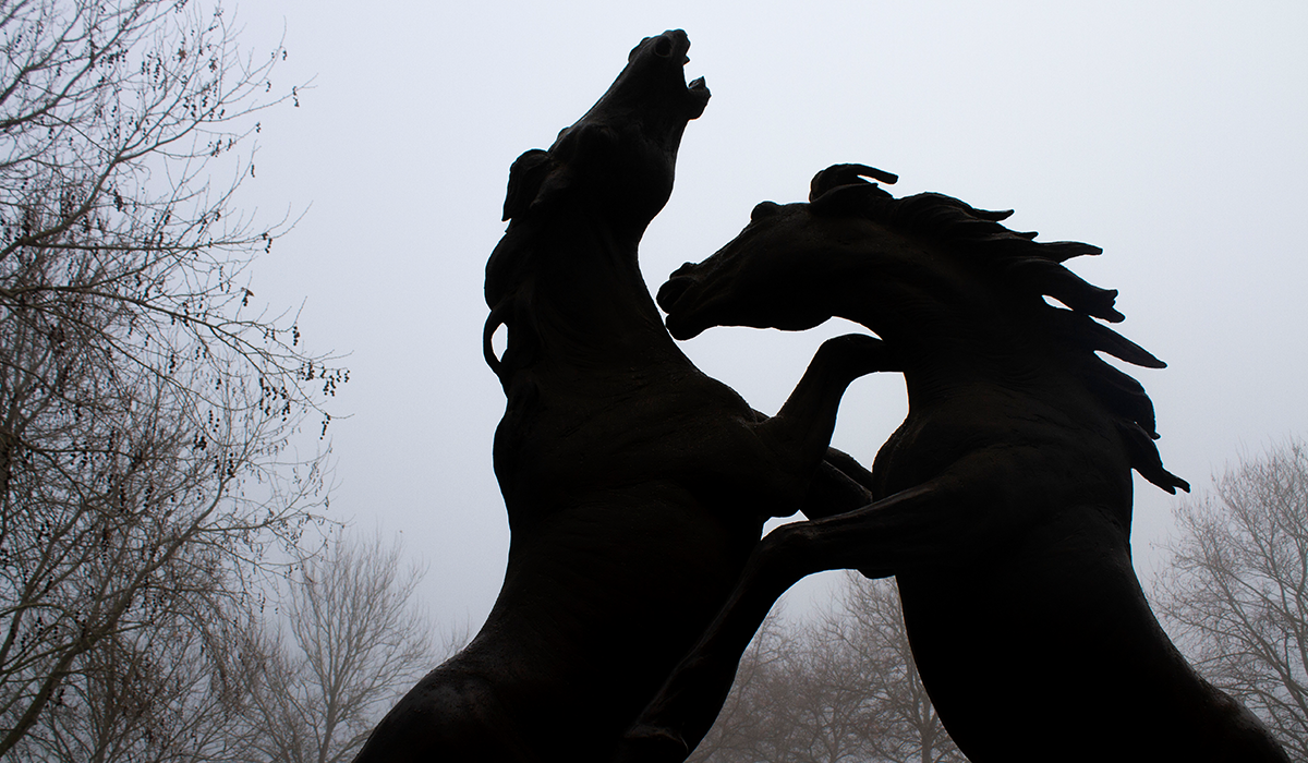 Statue of horses in silhouette