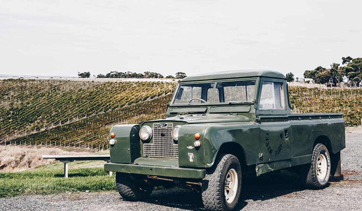 Landrover at the front of Clyde Park vineyards