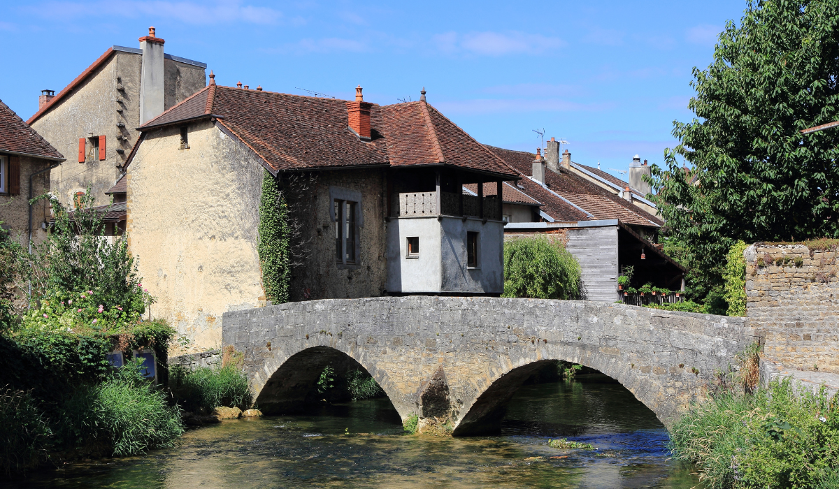 A quaint town in France, a bridge over a river with historic buildings