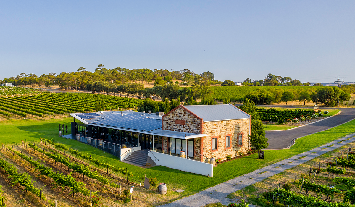 The Angove winery and cellar door surrounded by the vineyard.