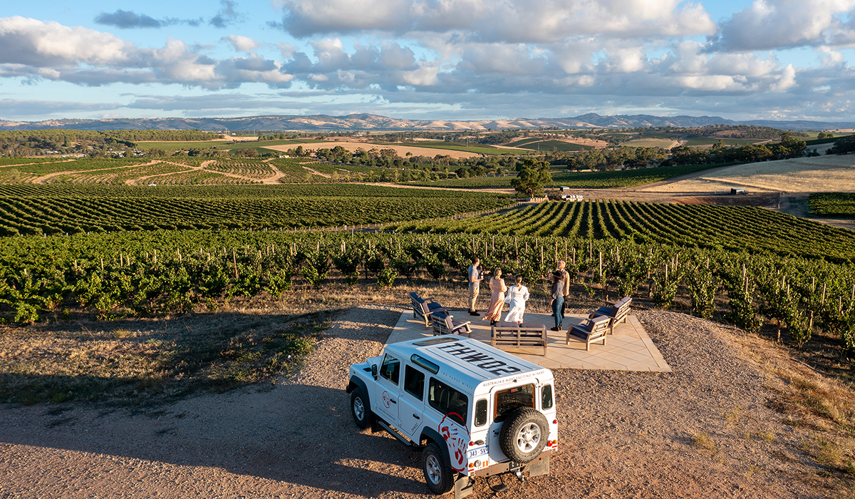 Two Hands winery and vineyard with the Two Hands SUV in focus