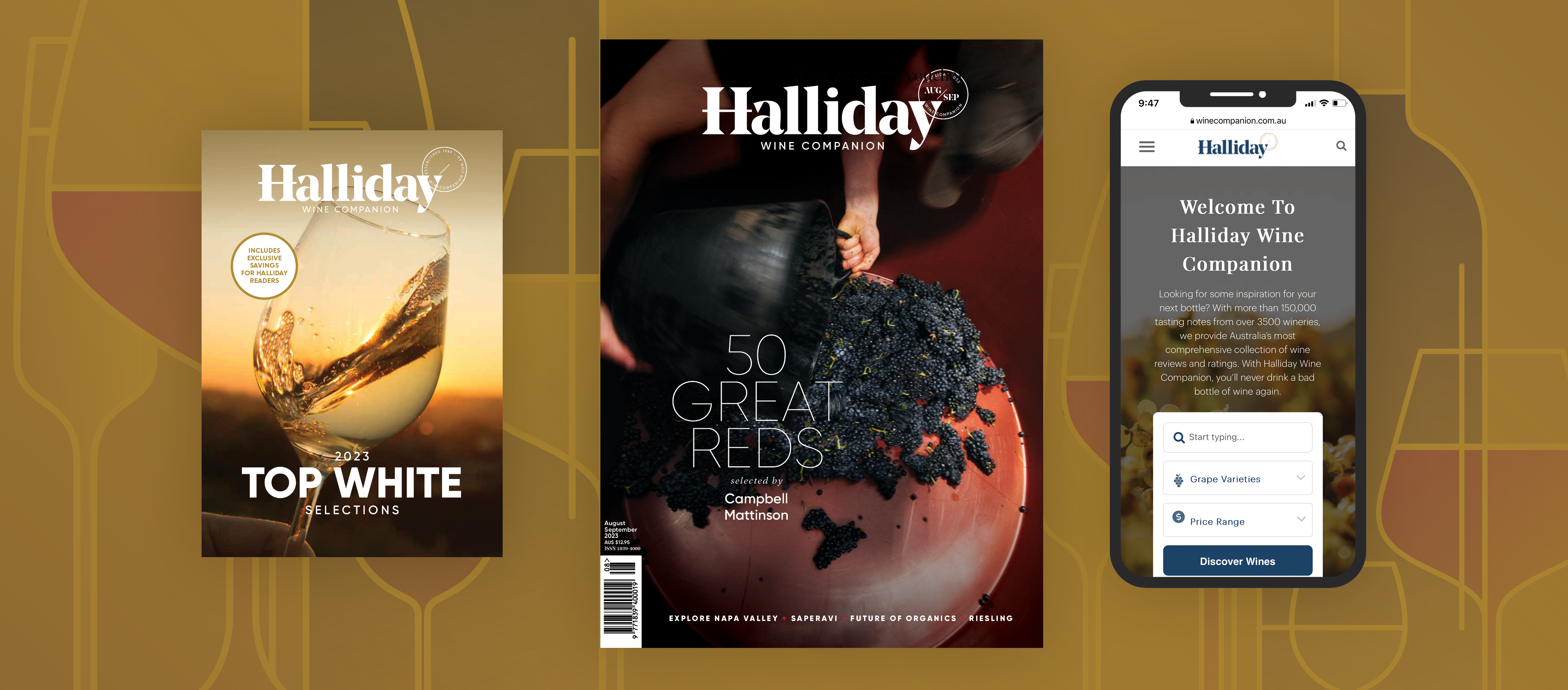 Gold background with Halliday magazine in front.