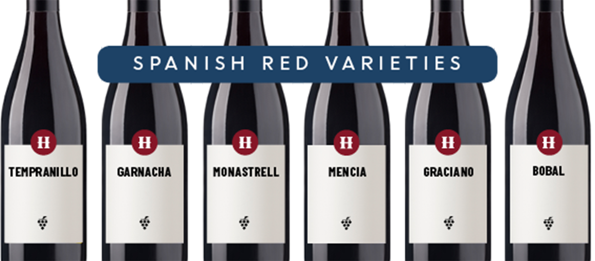 Wine bottles with Spanish red varietals listed