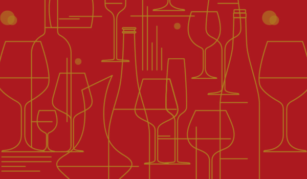 Gold wine bottle and glass outlines on a red background.